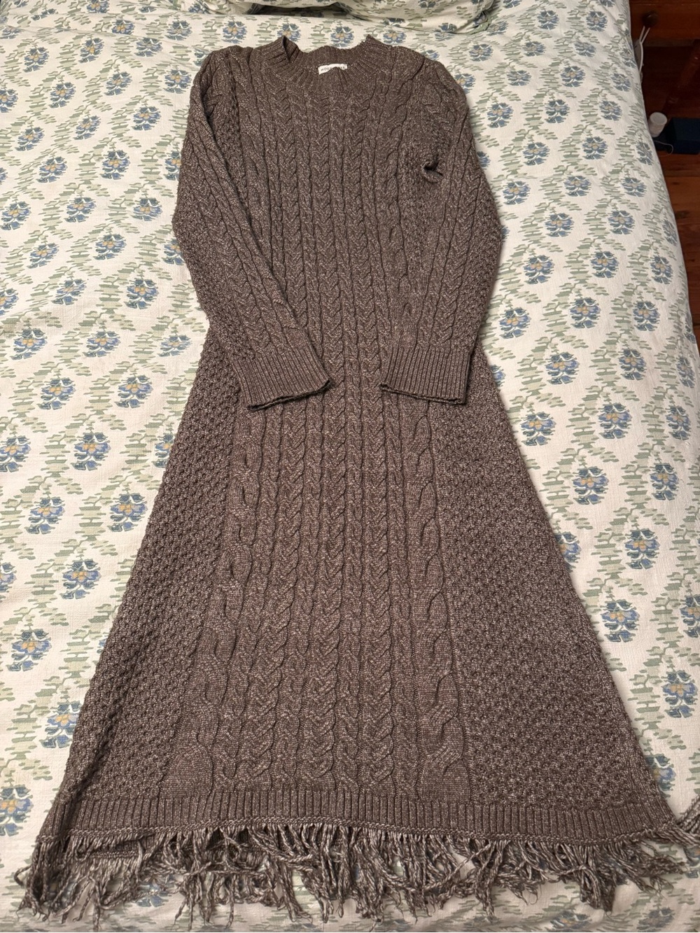 Moon River Brown Cable-Knit Midi Dress with Fringe Hem